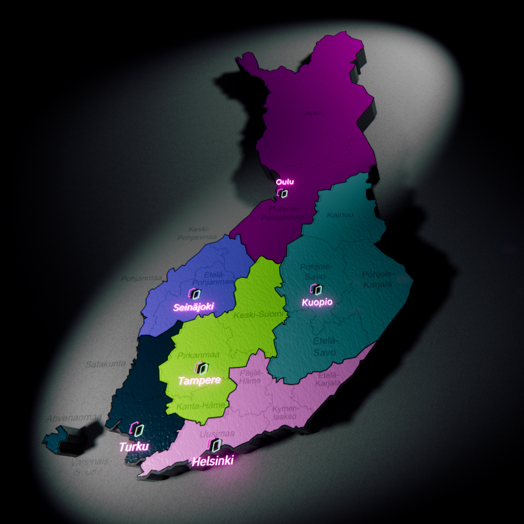 Kartta, johon merkitty alueita: Oulu, Seinäjoki, Tampere, Kuopio, Turku ja Helsinki eri väreillä.