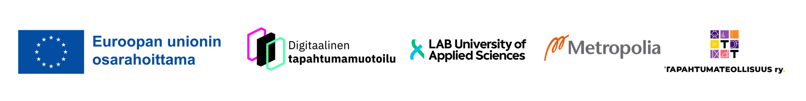 Euroopan unioni osarahoittama-logo sekä digitaalisen tapahtumamuotoiloin hankkeen logo ja osatoteuttajat: LAB, Metropolia ja Tapahtumateollisuus ry.